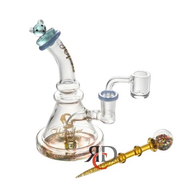 WATER PIPE HIPSTER GLASS COLOR ACCENTED DAB RIG, BANGER CAP & QUARTZ BANGER WP15007 1CT